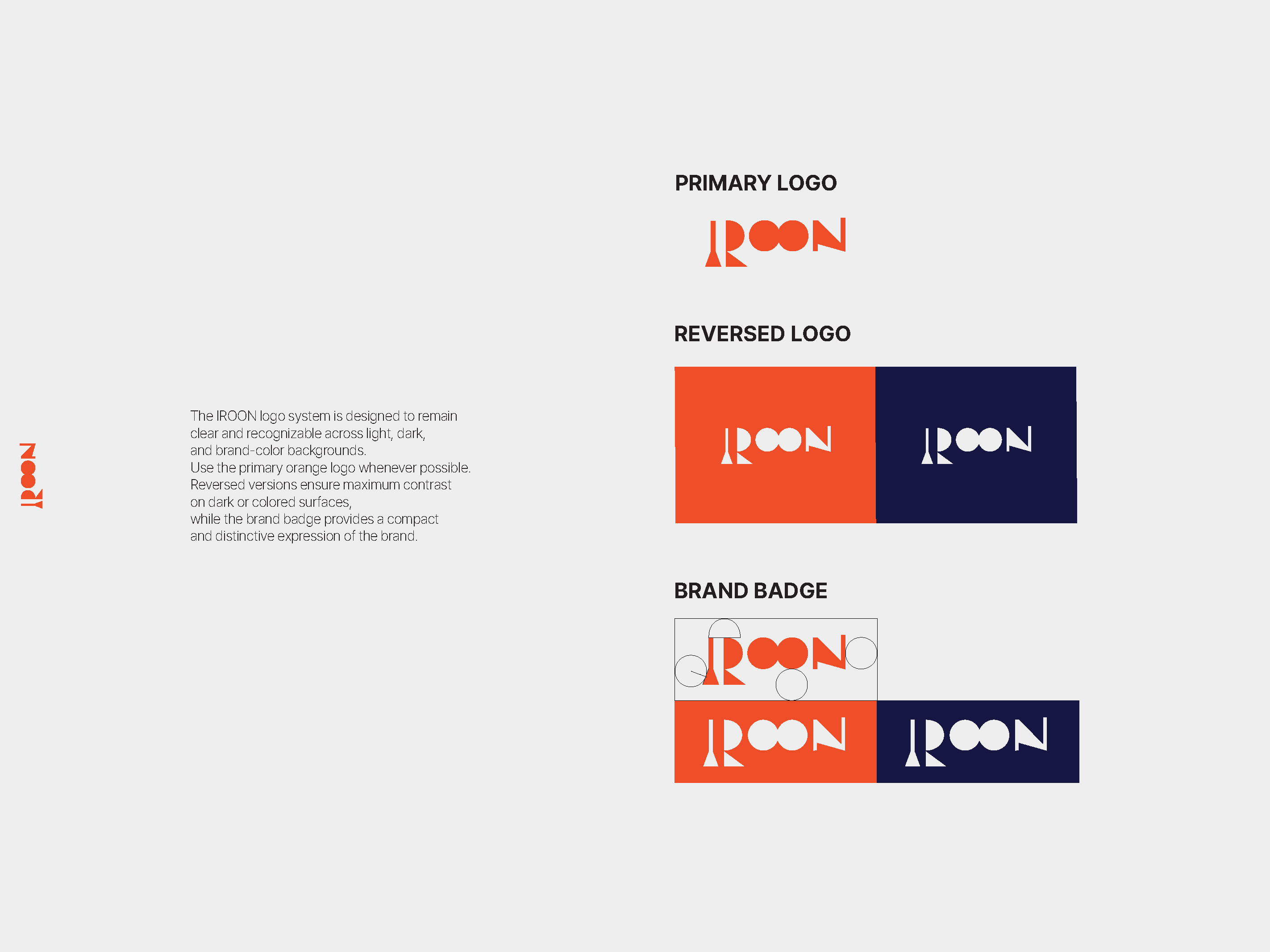 IROON primary, reversed and brand badge logo variations
